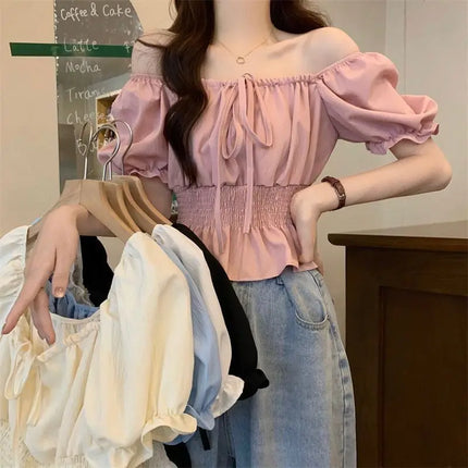 French Style Bubble Sleeve Shirt Women's Short Sweet Sensation Waist Cinched One Shoulder Top Polyester Blend Regular Sleeve