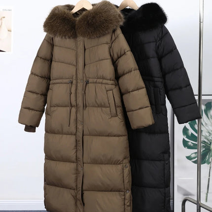 Women's Winter Long Down Jacket With Hood Drawstring Waist Fur Collar Zipper Quilted Padded Jackets 2026 Warm Parka Outwear