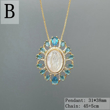 Hot Sell Religious Guadalupe Virgin Mary Necklace Female Metal Zircon Mother Pearl Shell Medal Pendant For Women Fashion Jewelry