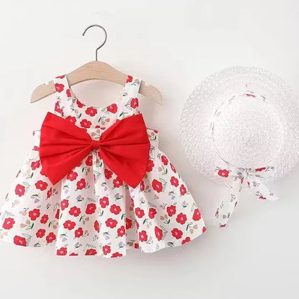 0-3-year-old baby clothes summer seaside vacation children's dress floral sleeveless bow girl princess dress+hat