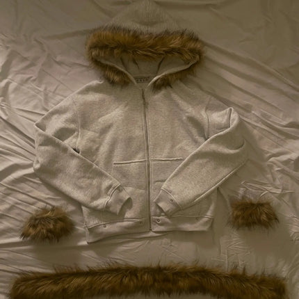 2026 New Arrival Women Faux Fur Trim Zip Up Hoodie Heather Grey Oversized Loose Fit Y2K Streetwear Casual Daily Wear