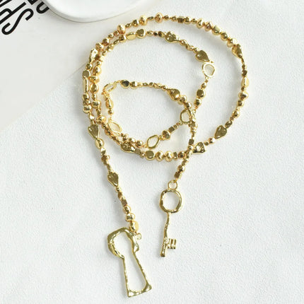 Fashion Women Plastic Beads With Alloy Lock Key Pendant Waist Chain Jewelry Elegant Sweater Long Necklace Accessories