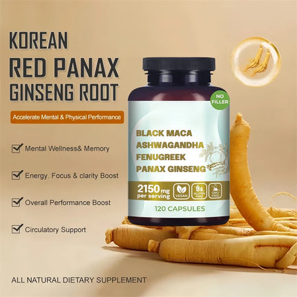 Original Black Maca Root, Ashwagandha, Panax Ginseng, Fenugreek Capsules, Male Enhancing Supplement Natural 4-in-1 Organic 18+