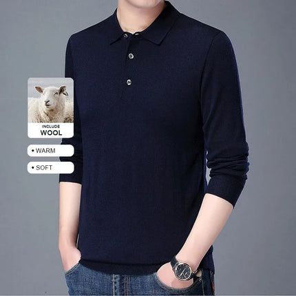 High End With Wool New Fashion Designer Brand Luxury Polo Shirt Striped Neck Shirt Men Casual Long Sleeve Tops Men Clothes