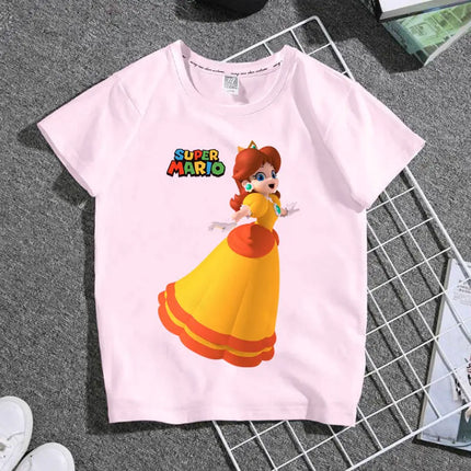 2026 New Cartoon Mario Princess Children's Clothing T-Shirt - Summer Boys and Girls Short-Sleeved Pink Family Set Student Shirt