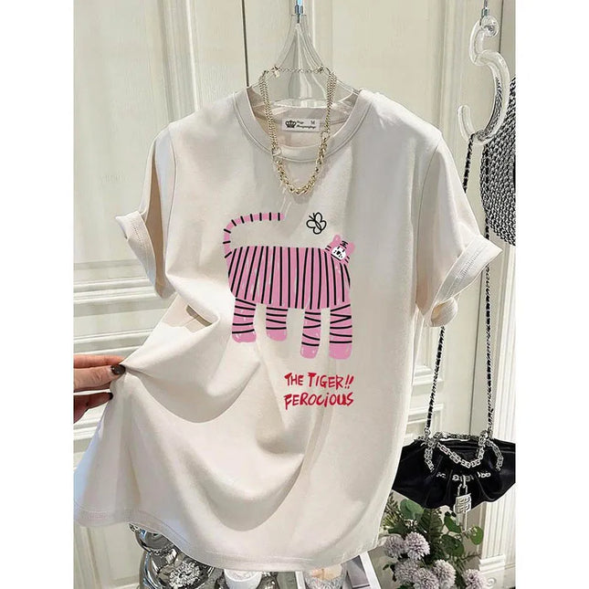 Summer New Fun Tiger Cartoon Print T-shirts Women Clothing Fashion All-match Pure Cotton Short Sleeve Top Tee Y2k Loose Pullover