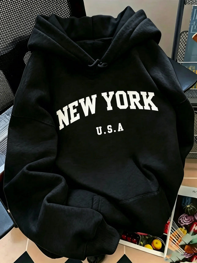 Women  Print Hoodie Oversized Loose Fleece Hooded Sweatshirt Classic American City Graphic Casual Streetwear Pullover Top Unisex