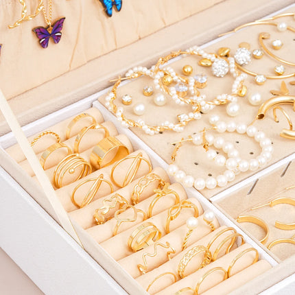 Gold Color Metal Jewelry Set For Women With Butterfly Necklaces Imitation Pearl Hoop Earrings Simple Rings No Box Included