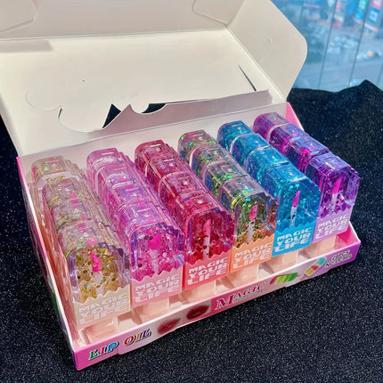 24pcs Cute Cat Sequin Lip Oil Love Shape Colorchanged Lip Gloss Girls Kawaii Natural Moisturizing Lips Makeup Party Gifts