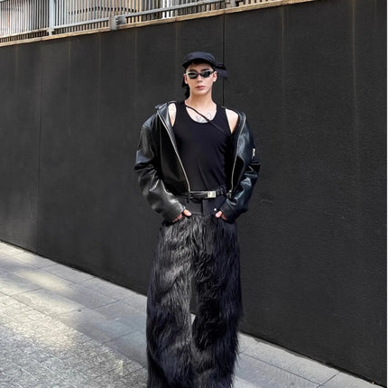 Mauroicardi Autumn Winter Long Black Thick Warm Hairy Shaggy Faux Fur Wide Leg Pants for Mens Luxury Designer Clothes Streetwear