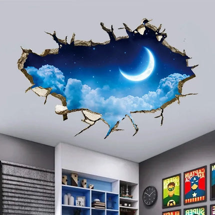 3D Wall Hole Art Star Sky Mural Meteor Crescent Moon Vinyl Stickers Home Decoration for Aesthetic Room Roof Night View Wallpaper