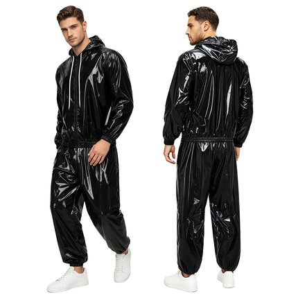 Mens Sauna Tracksuit Set Zipper Hoodie Drawstring Pants Waterproof Long Sleeve Front Zip-up Drawstring Hood Jacket with Pants