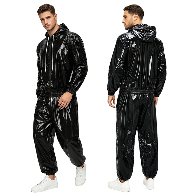 Mens Sauna Tracksuit Set Zipper Hoodie Drawstring Pants Waterproof Long Sleeve Front Zip-up Drawstring Hood Jacket with Pants
