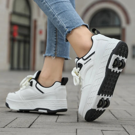 Children's Roller Skates Four-Wheel Wear-Resistant Fashion Leather Breathable Sports Entertainment Wheel Shoes for Kids