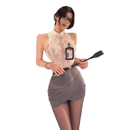 Fetish lingerie; sexy pure secretary hip-hugging skirt; passionate temptation; sexy hollow-out transparent set