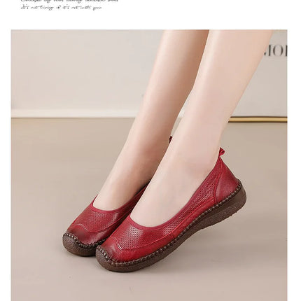 New Real Leather Perforated Ballet Flats Women's Massage Insole Slip On Moccasins Woman Hollow Loafer Casual Daily Shopping Shoe