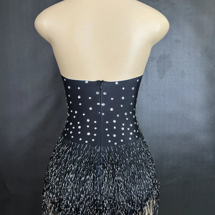Sparkly Rhinestones Fringe Bodysuit Women Nightclub Party Dance Costume Stage Wear Sexy Tassel Leotard Performance Clothing 7G