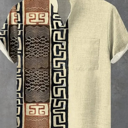 The new men's summer linen short-sleeved shirt features a pattern label. The clothing with artistic patterns, casual shirts.