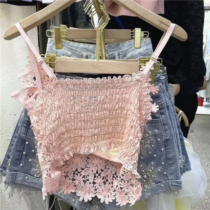 Women's Clothing Heavy Beaded Floral Tank Sexy Crop Tops Ropa Mujer Lace Butterfly Top Navel-Baring Sexy Cropped Top Summer Camis
