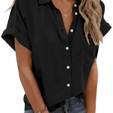 Plus Size 1XL-5XL Women's Casual Solid Color Button-Up Short Sleeve Lapel Shirt  Ladies Fashion Lapel Collar Blouse Shirt