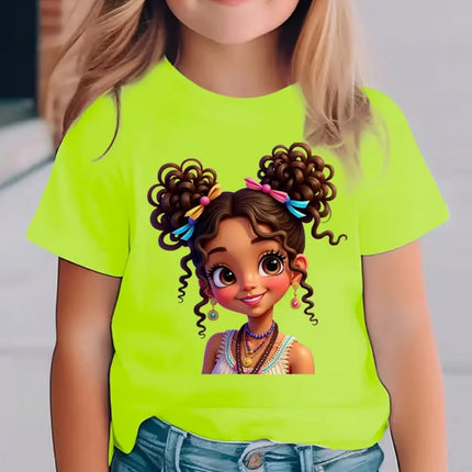 Girls' Summer Crew-Neck Short-Sleeved Top New Black Girls Cute Top Girls Clothes Cartoon Print T-Shirt Top Children's Clothing