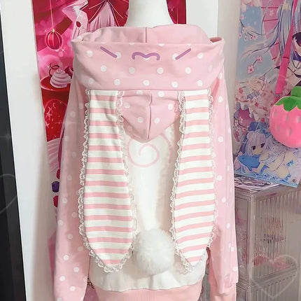 Japanese Kawaii Rabbit Ears Hoodies Tops Women Design Loose Dot Lace Patchwork Cute Coat Harajuku Chic Sweet Lovely Sweatshirts