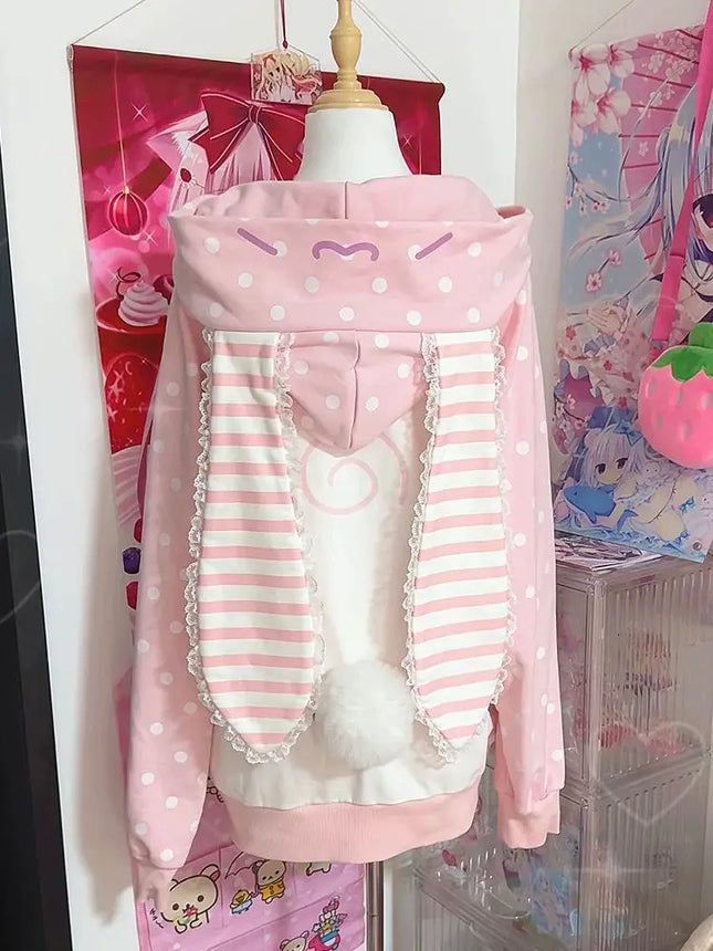 Japanese Kawaii Rabbit Ears Hoodies Tops Women Design Loose Dot Lace Patchwork Cute Coat Harajuku Chic Sweet Lovely Sweatshirts
