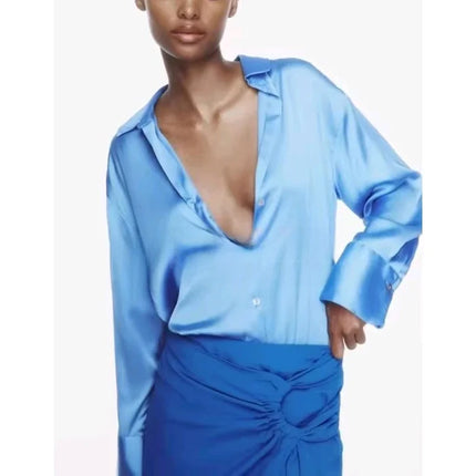 Classic Silk Satin Feel Shirt New Spring Collection Long Sleeve Polyester Fabric Women's Premium Fashion Regular Length