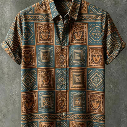Men's Tribal Portrait Geometric Print Vacation Short Sleeved shirt, For Casual travel, Beach travel, And Ethnic Vacation Style