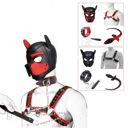 Bdsm Pet Roleplay Set,Puppy Play Dog Hood Mask Party Mask,Leather Male Chest Harness Strap,Dog Tail Plug,Pup Neck Collar Sex Toy
