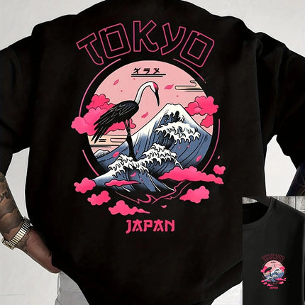 Men's Summer 100% Cotton Tokyo Casual Pattern Printed Fashionable Loose Round Neck Short Sleeve T-Shirt Top