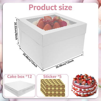 10Pcs White Bakery Boxes with Window, 12 X 12 X 8 Inches, Fold Cake Boxes Treat Boxes for Cookies, Pastry, Macarons Party Favor