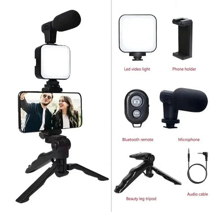 Tripod Phone Holder Smartphone Vlogging Kit With Mini Microphone LED Fill Light Starter For TikTok Live Stream Video YouTube