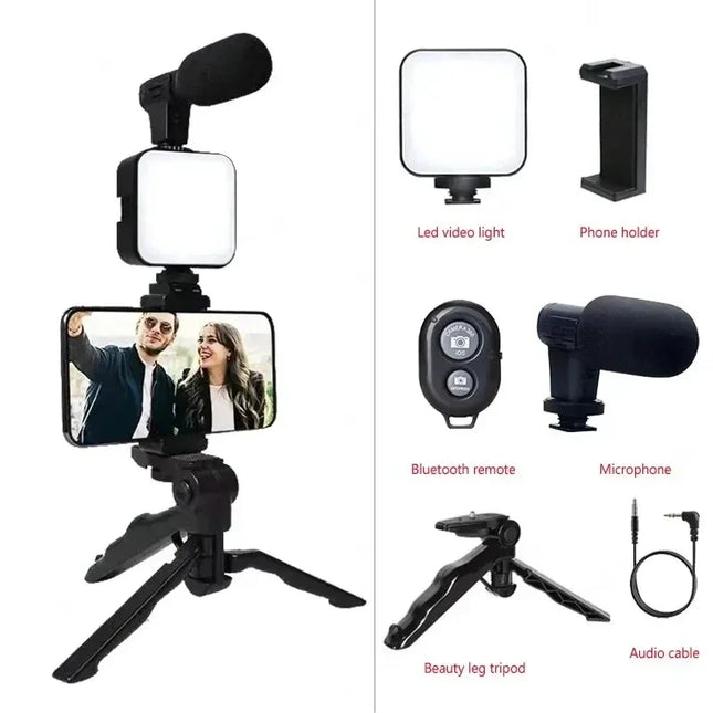 Tripod Phone Holder Smartphone Vlogging Kit With Mini Microphone LED Fill Light Starter For TikTok Live Stream Video YouTube