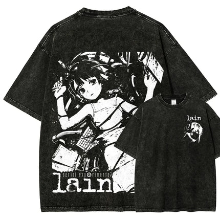 Classic Retro Anime Serial Experiments Lain Graphic Print T-shirt Loose Casual Oversize Vintage Washed Cotton Tee Streetwear Top