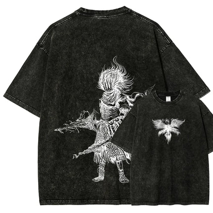 Classic Action Role-playing Game Dark Souls Peripherals Print T-shirt Street Harajuku Men Women Retro Washed Cotton Oversize Top