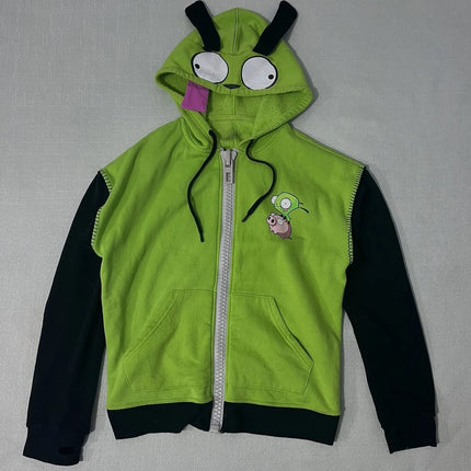 Retro Gothic Hip Hop Hoodie Featuring Quirky Patchwork Zipper Hoodie Y2K Men Women Green Casual Cartoon Hoodie Loose Sweatshirt