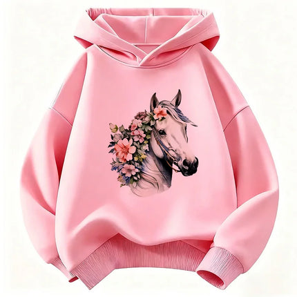 Fashion Horse with Flower Design Hoodie Kids Kawaii Children's Sweatshirt Hoody for Boys Girls Casual Hoodies Hip Hop Clothes