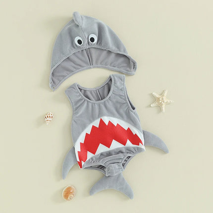 Pudcoco Baby Halloween Shark Rompers Infant Boys Girls Mouth Print Sleeveless Bodysuit with Hat Newborn Jumpsuits Costume