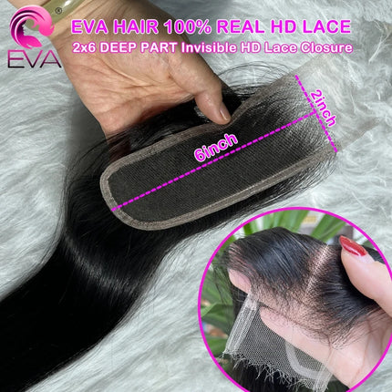 Eva Hair 100% Real HD Lace Closure 2x6 Deep Parting HD Lace Human Hair Closures Straight Hair Pre Plucked Body Wave HD Closures