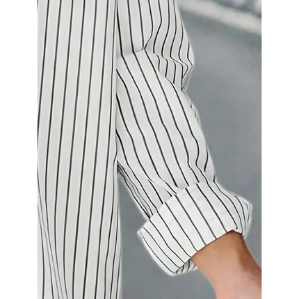 Plus Size 1XL-5XL Women's Casual Striped Long Sleeve Button Shirt New Fashionable Cotton Polyester Blend Top