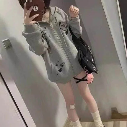 Cute  Print Hoodie Women's Oversized Fleece Lined Autumn Winter Jacket Korean Style Commute Friendly Regular Fit Zipper