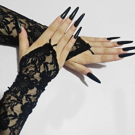 48cm Black White Women Sexy Hollow Lace Flowers Hook Finger Long Gloves Mesh Transparent Halloween Cosplay Stage Performance