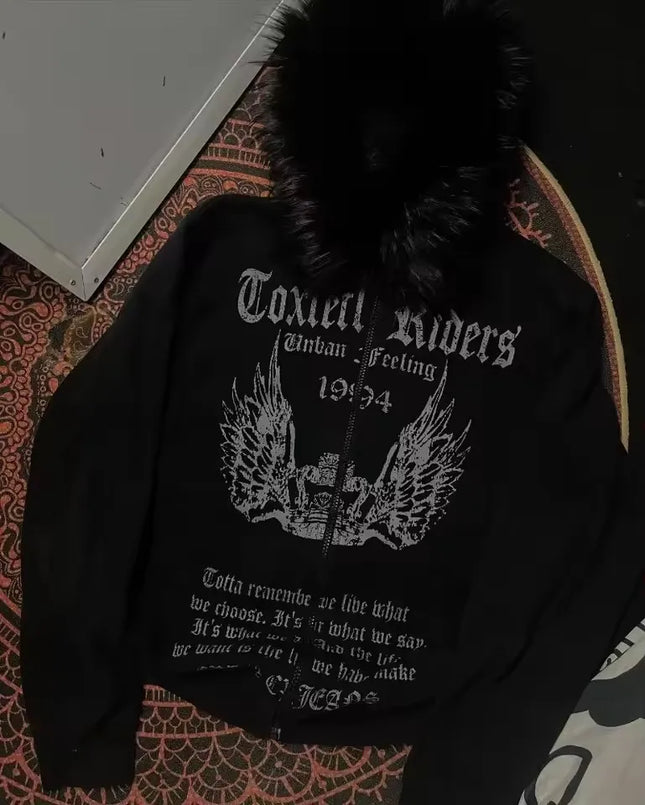 Hip Hop Harajuku Black Gothic Fur Collar Zip Up Hoodie Women Punk Y2K Street Retro Wings and Crown Print Fur Collar Loose Hoodie