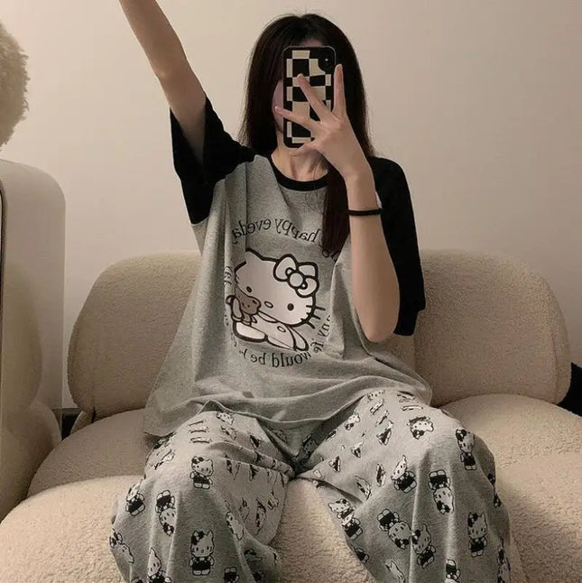 Hello Kittys 2Pcs Kawaii Pajamas Set Women Spring Autumn Summer T-Shirt Trousers Loungewear Sweet Cute Girls Loose Nightwear