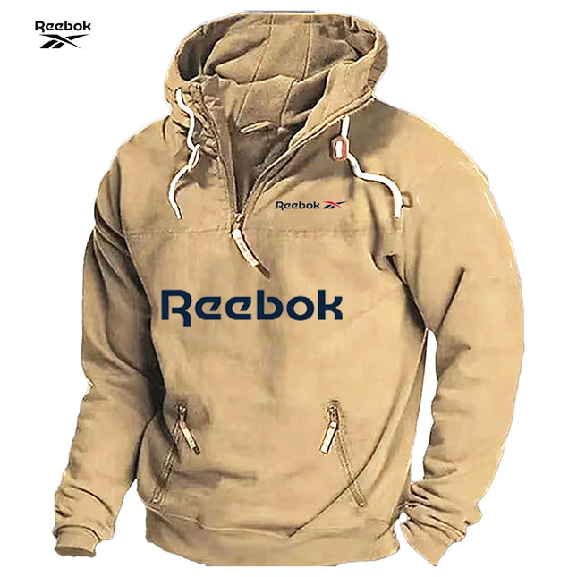 Reebok Men's Spring/Autumn Hooded Sweatshirt, Retro Sports Style, Loose Casual Top, Solid Color with Multiple Zippers Design