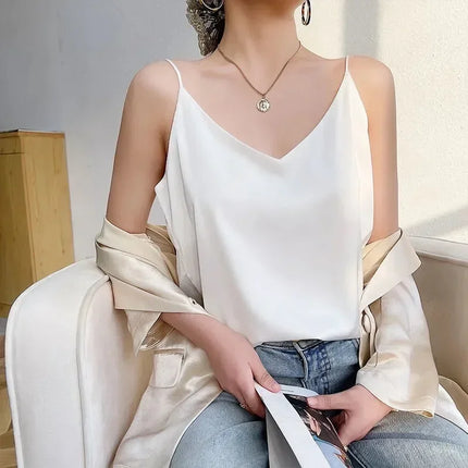 2026 Spaghetti Strap Top Women Halter V Neck Basic White Cami Sleeveless Satin Silk Tank Tops Women's Summer Camisole Crop Top