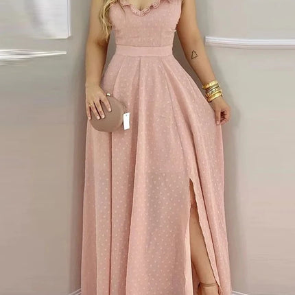 Women's Yellow Polka Dot Maxi Dress Ruffled Neckline Back Tie Side Slit Ideal for Summer Vacations and Bohemian Gatherings