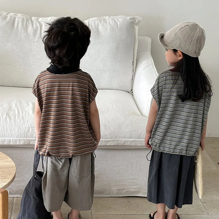 Boys and girls POLO shirt 2025 children's summer new striped short-sleeved T-shirt Mori retro tops summer 80-140cm