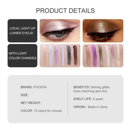 PHOERA Metallic Eye Shadow Diamond Shiny Eye Liner Pen Eyeshadow Long Lasting Shimmer Pigmented Eye Shadow Maquillaje